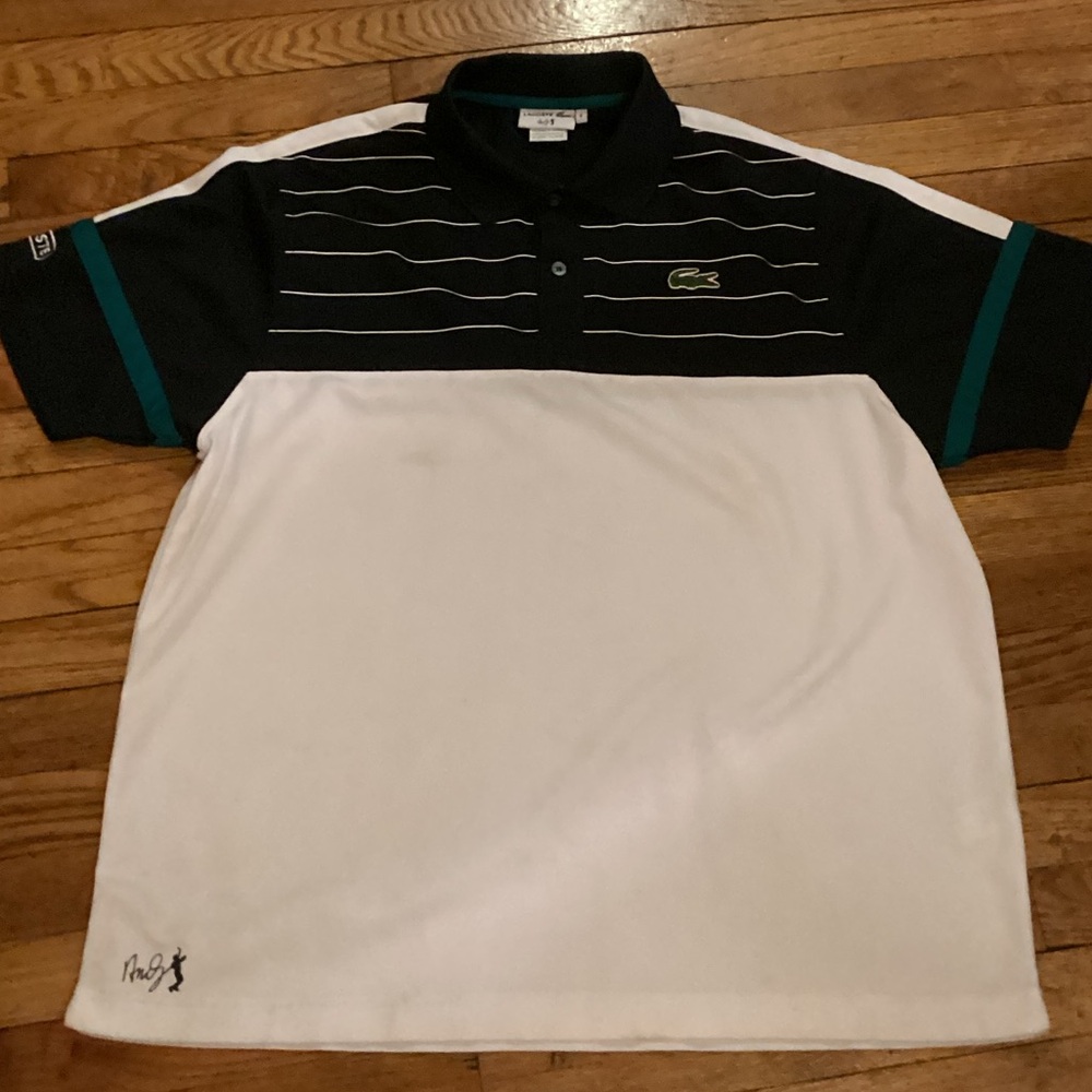 Vintage Lacoste Pole Shirt solid White bottom striped top with a Lacoste logo
